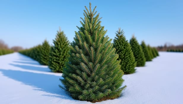 Rows of evergreen trees in a Christmas tree farm covered in snow.