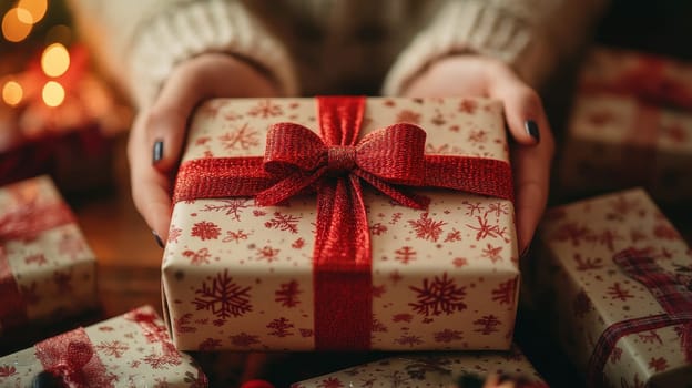 Woman Holding Christmas Gift with Red Ribbon, Holiday Season
