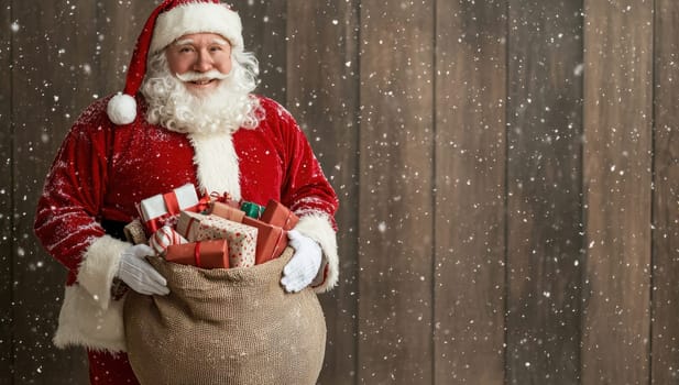 Smiling Santa Claus holding a sack full of gifts against a rustic wooden background.