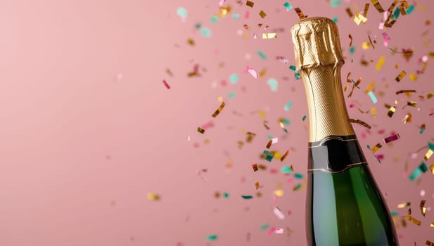 Champagne bottle with confetti on pink background