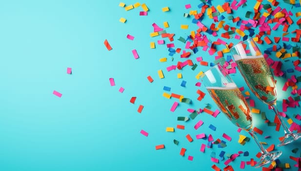 Two champagne glasses with confetti on a vibrant blue background