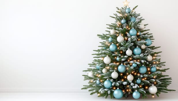 Christmas tree decorated with blue and white ornaments and lights. Festive holiday background.