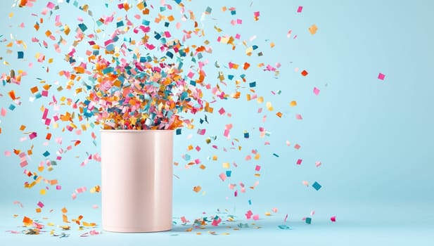 Pink party cup with colorful confetti explosion on a light blue background