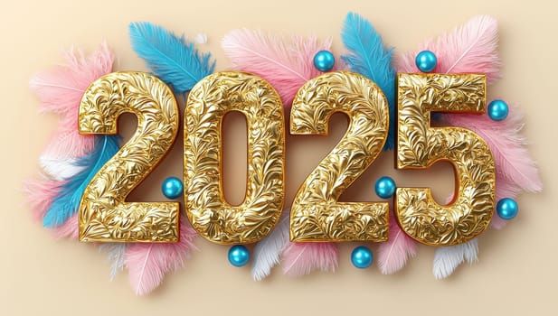 Golden 2025 number with feathers for New Year celebration