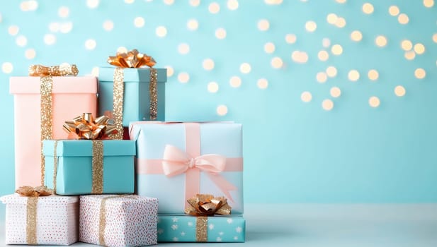 Pastel colored gift boxes with gold ribbon on blue background with bokeh. Christmas, birthday or Valentine's day presents