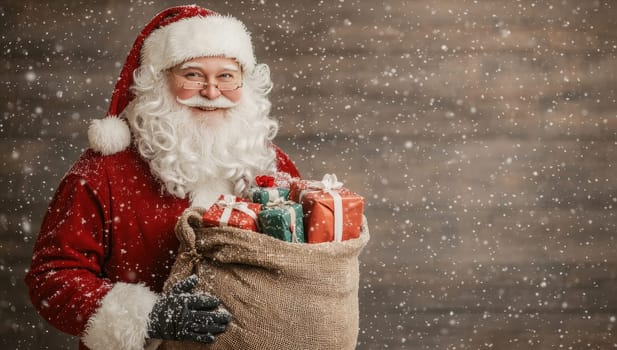 Santa Claus holding a bag full of Christmas gifts. Festive holiday season concept.