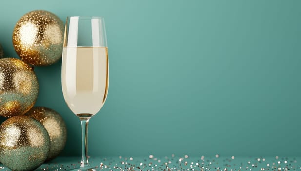 Glass of champagne and golden Christmas baubles on turquoise background with copy space