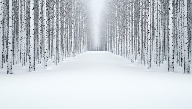 Snow covered path through birch forest in winter.