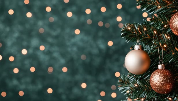 Christmas background with a decorated Christmas tree and festive bokeh lights