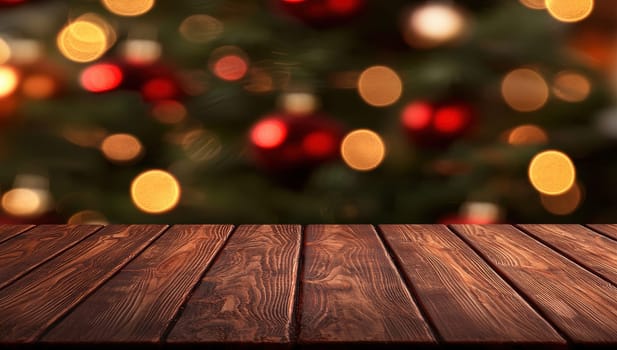 Empty wooden table with blurred Christmas tree background. Christmas background with empty wooden deck table
