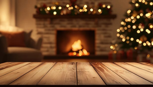 Empty wooden table in front of decorated fireplace. Christmas background with space for display product.