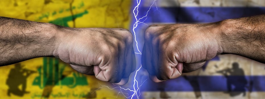 War between Hezbollah and Israel concept. Israel vs Hezbollah flag on cracked wall. Political tension between Hezbollah and Israel