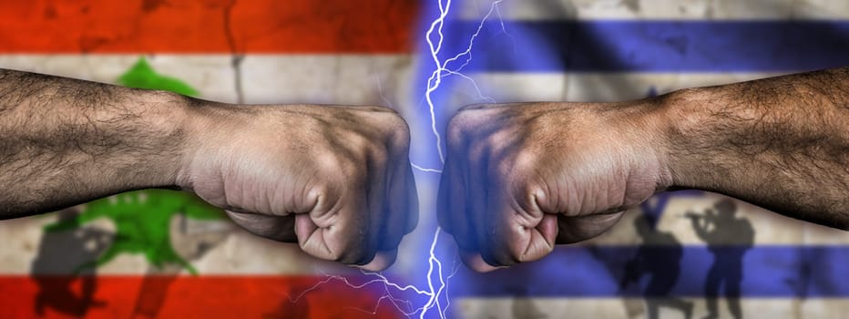 War between Israel vs Lebanon concept. Israel vs Lebanon flag on cracked wall. Political tension between Lebanon and Israel