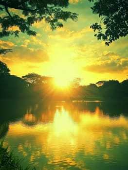 Breathtaking golden sunset reflected on a calm lake surface, framed by silhouetted trees, creating a serene and magical atmosphere in nature.