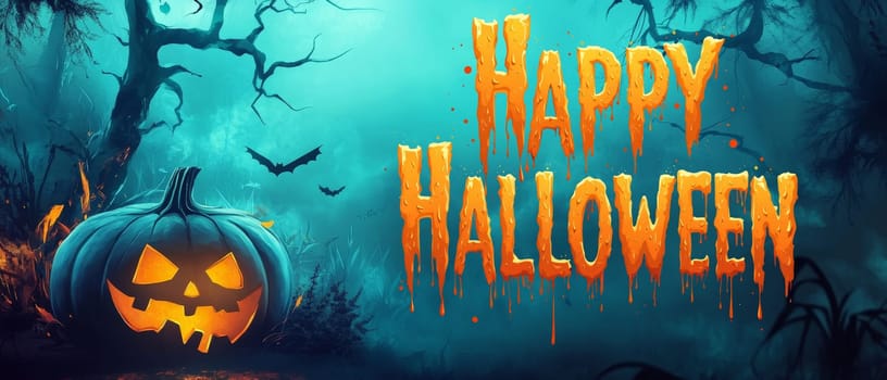 A vibrant halloween banner featuring a carved pumpkin bats and eerie trees under a spooky blue sky.