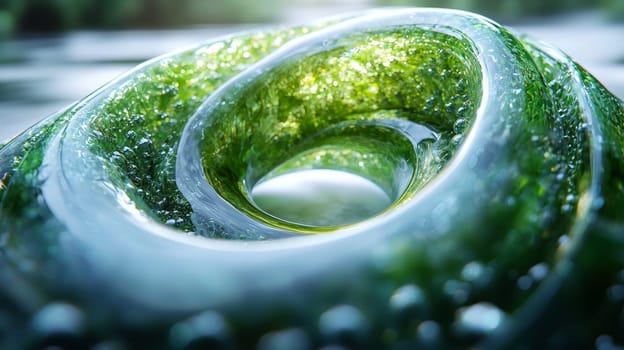 A striking 3D render showcasing a high-tech circular vortex composed of lime green metal shapes set against a white background. The dynamic composition, crafted using Blender and Cinema 4D with Octane rendering, contrasts vibrant green elements with dark blue and black tones. This abstract, futuristic design exudes energy and motion, evoking a sense of innovation and advanced technology.