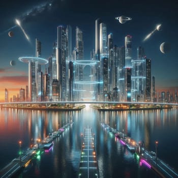 A futuristic cityscape with glowing buildings, bridges, and flying vehicles. A large, blue planet hangs in the sky, and glass domes contain lush greenery. A high-quality AI-generated photo.