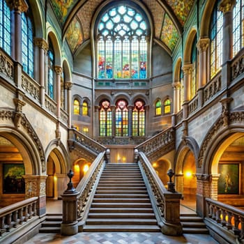 A grand, gothic-style cathedral with a large staircase leading up to a stained glass window. The cathedral is ornate and majestic, filled with light and architectural details. A high-quality AI-generated photo.