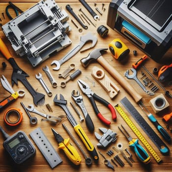 A flat lay shot of a variety of tools and hardware on a wooden surface. The tools include wrenches, pliers, a hammer, a measuring tape, and screws. A high-quality AI-generated photo.