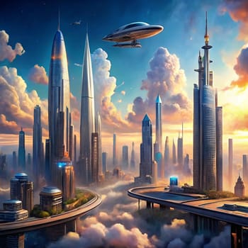 A futuristic cityscape with towering skyscrapers, flying vehicles, and a sky filled with clouds and a setting sun. A high-quality AI-generated photo.