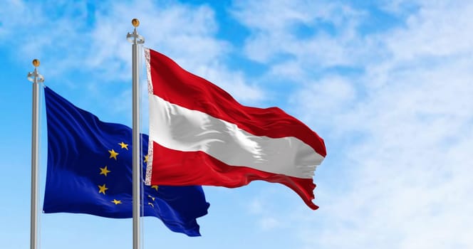 Austria and European Union flags waving together on a clear day. Democracy and politics. European country. 3d illustration render. Fluttering fabric. Selective focus