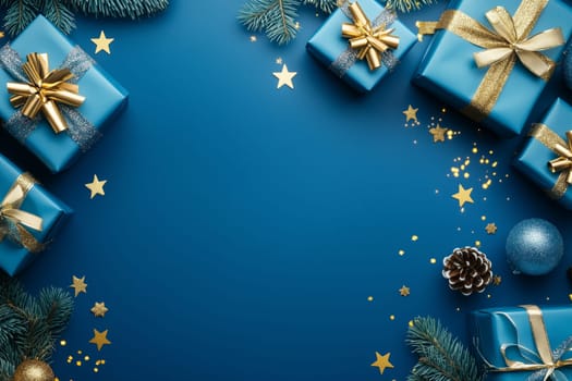Christmas background card with blue gifts and copyspace copy space decoration created with generative ai