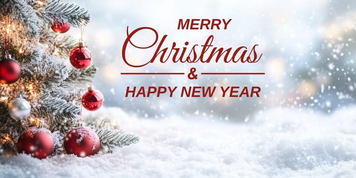Merry Christmas card greetings with balls tree winter snow and copyspace copy space snowing created with generative ai