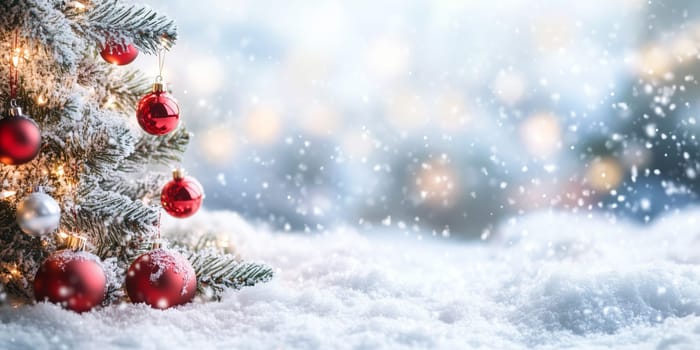 Christmas card with balls tree winter snow and copyspace copy space snowing panorama created with generative ai