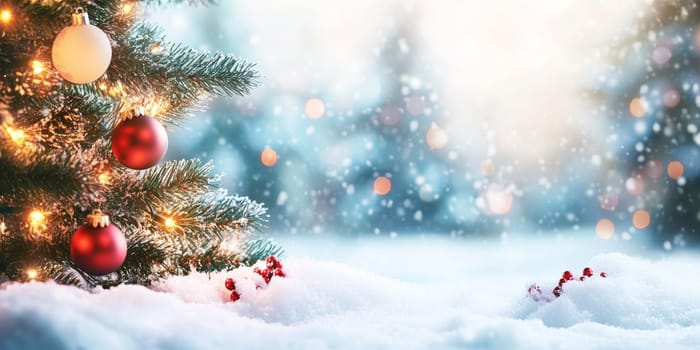 Christmas card with balls tree winter snow and copyspace copy space panorama snowing created with generative ai
