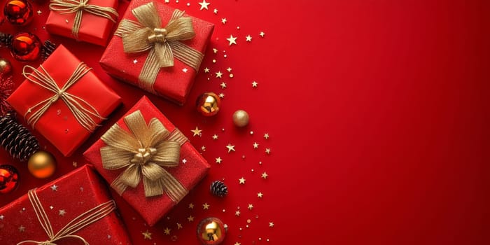 Christmas background card with red gifts panorama and copyspace copy space decoration created with generative ai