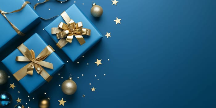 Christmas background card with blue gifts and copyspace copy space decoration panorama created with generative ai