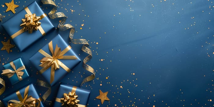 Christmas background card with blue gifts and copyspace copy space panorama decoration created with generative ai