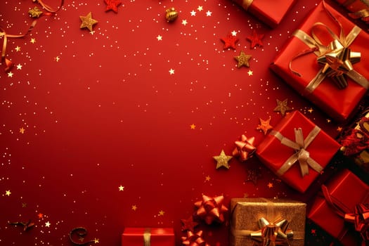 Christmas background card with red gifts and copyspace copy space decoration created with generative ai