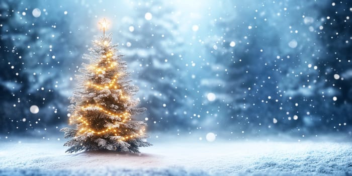 Christmas card with tree winter snow and copyspace copy space snowing panorama created with generative ai