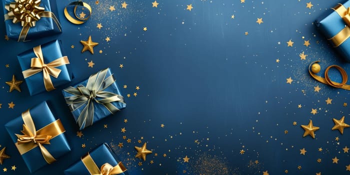Christmas background card with blue gifts and copyspace copy space decoration created with generative ai
