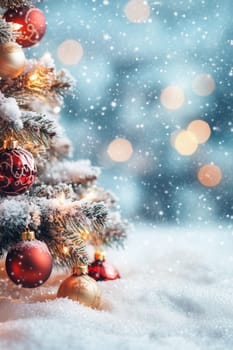 Christmas card with balls tree winter snow and copyspace copy space snowing portrait format created with generative ai