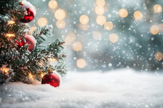 Christmas card with balls tree winter snow and copyspace copy space snowing created with generative ai