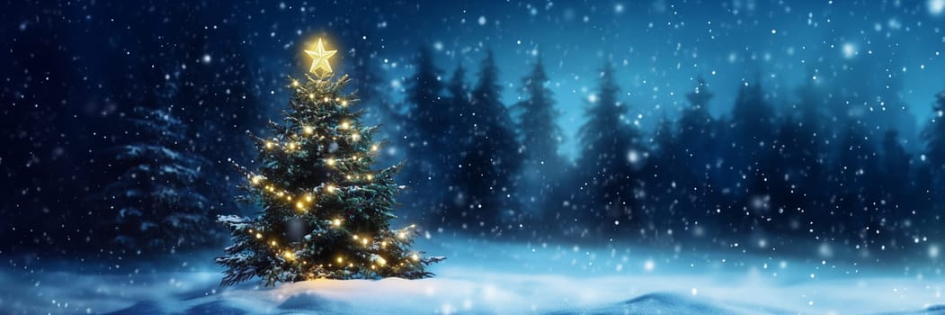 Christmas card with tree winter snow and copyspace copy space snowing banner created with generative ai