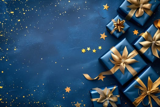 Christmas background card with blue gifts and copyspace copy space decoration created with generative ai