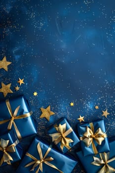 Christmas background card with blue gifts and copyspace copy space decoration portrait format created with generative ai