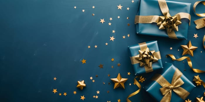 Christmas background card with blue gifts and copyspace copy space decoration panorama created with generative ai