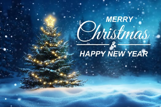 Merry Christmas card greetings with tree winter snow and copyspace copy space snowing created with generative ai