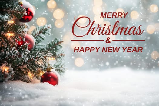 Merry Christmas card greetings with balls tree winter snow and copyspace copy space snowing created with generative ai