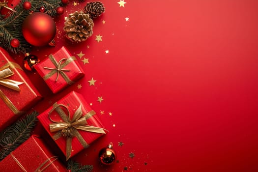Christmas background card with red gifts and copyspace copy space decoration created with generative ai