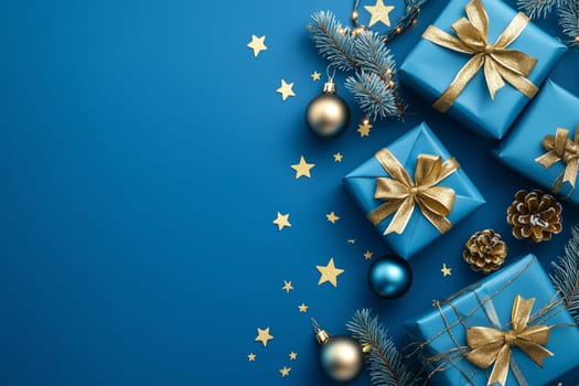 Christmas background card with blue gifts and copyspace copy space decoration created with generative ai