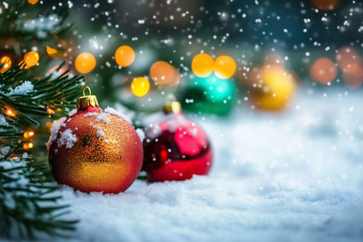 Christmas card with balls tree winter snow and copyspace copy space snowing created with generative ai
