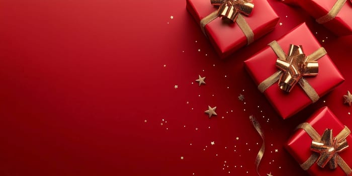 Christmas background card with red gifts panorama and copyspace copy space decoration created with generative ai