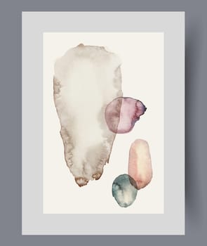 Minimalistic poster with chaotic elements and asymmetrical figures for painting gallery in style of 60s. Minimalistic creative work with spots in boho colors for Scandinavian and Nordic design