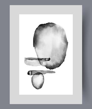 Abstract artwork with monochrome spots and different figures symbolizing chaos or aesthetics. Abstract poster with asymmetrical figures in style of surrealism for minimalist apartment interior design.