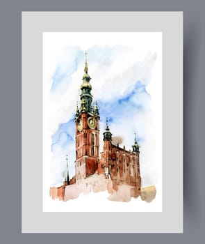 Building with clock on top of tower in Poland in city of Gdansk on wall art. Watercolor artwork. Print with beautiful European-style architecture in Gdansk, in frame with decor for poster